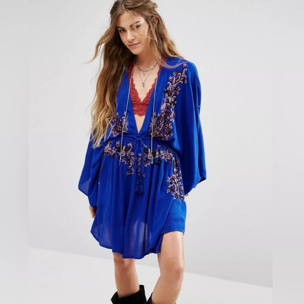 Free People Royal Blue Embroidered Floral Boho Mini Dress - Picture 1 of 13